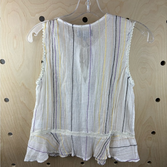 Michael Stars White Deep V  Neck Tasseled Striped Peplum Flounce Tank Top Size S - Picture 9 of 11